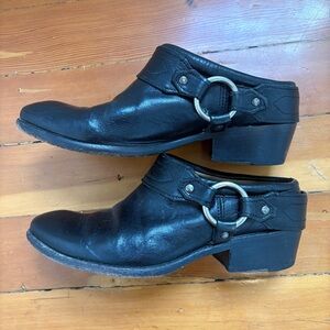 Frye Black Leather Carson Harness Mules / Ankle Boots